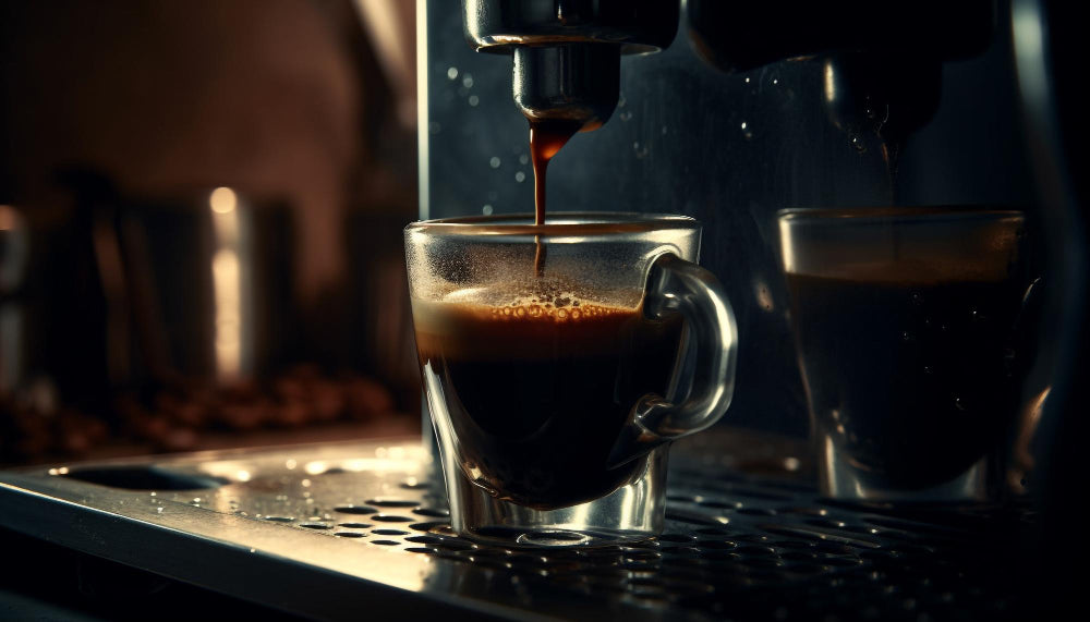Espressomachine die espresso in een glazen kopje schenkt