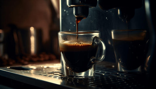 Espressomachine die espresso in een glazen kopje schenkt