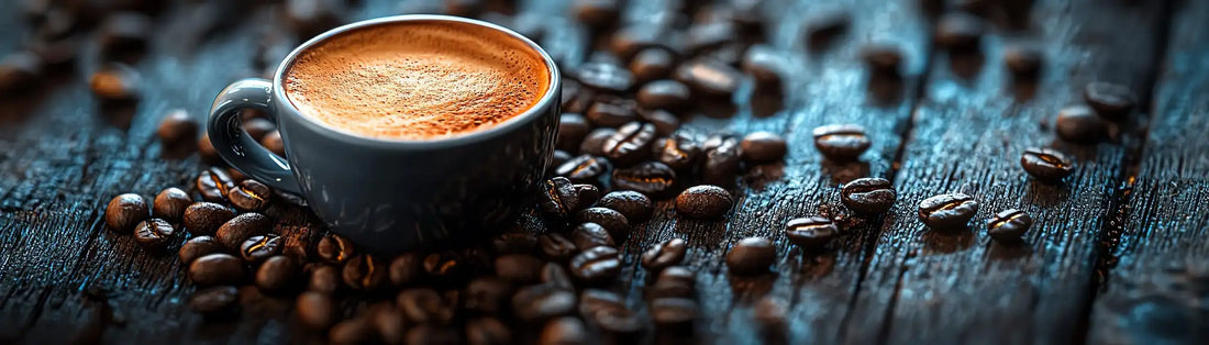 Aromatische kop AeroPress koffie op houten oppervlak omringd door verse koffiebonen