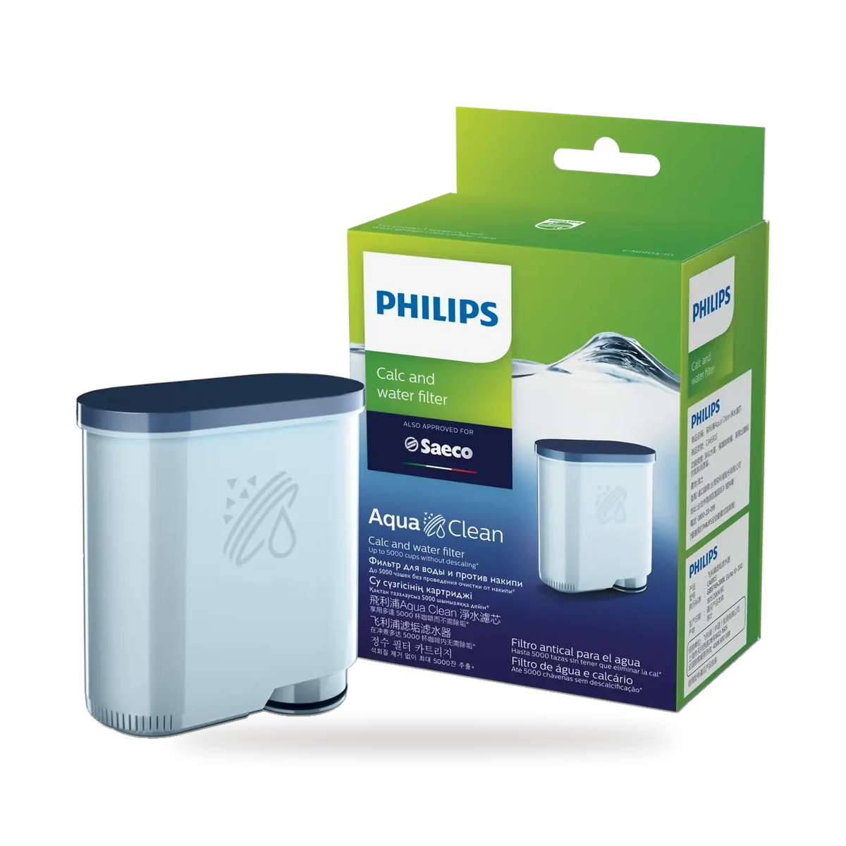 Philips AquaClean CA6903/10 kalk- en waterfilter naast de verpakking