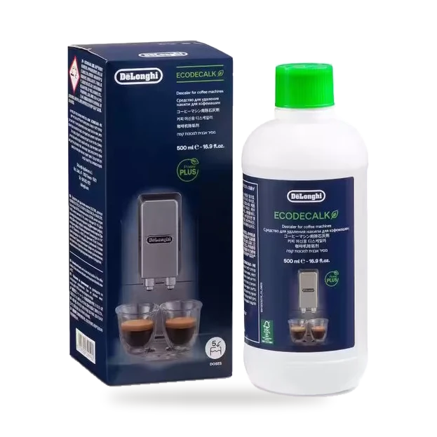 De'Longhi DLSC500 ontkalker, fles naast de verpakking