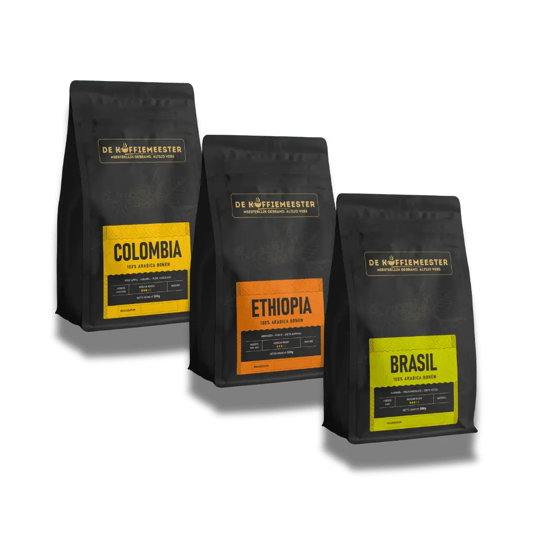 Proefpakket koffiebonen 3 x 1 kg Colombia Ethiopia Brasil - De Koffiemeester
