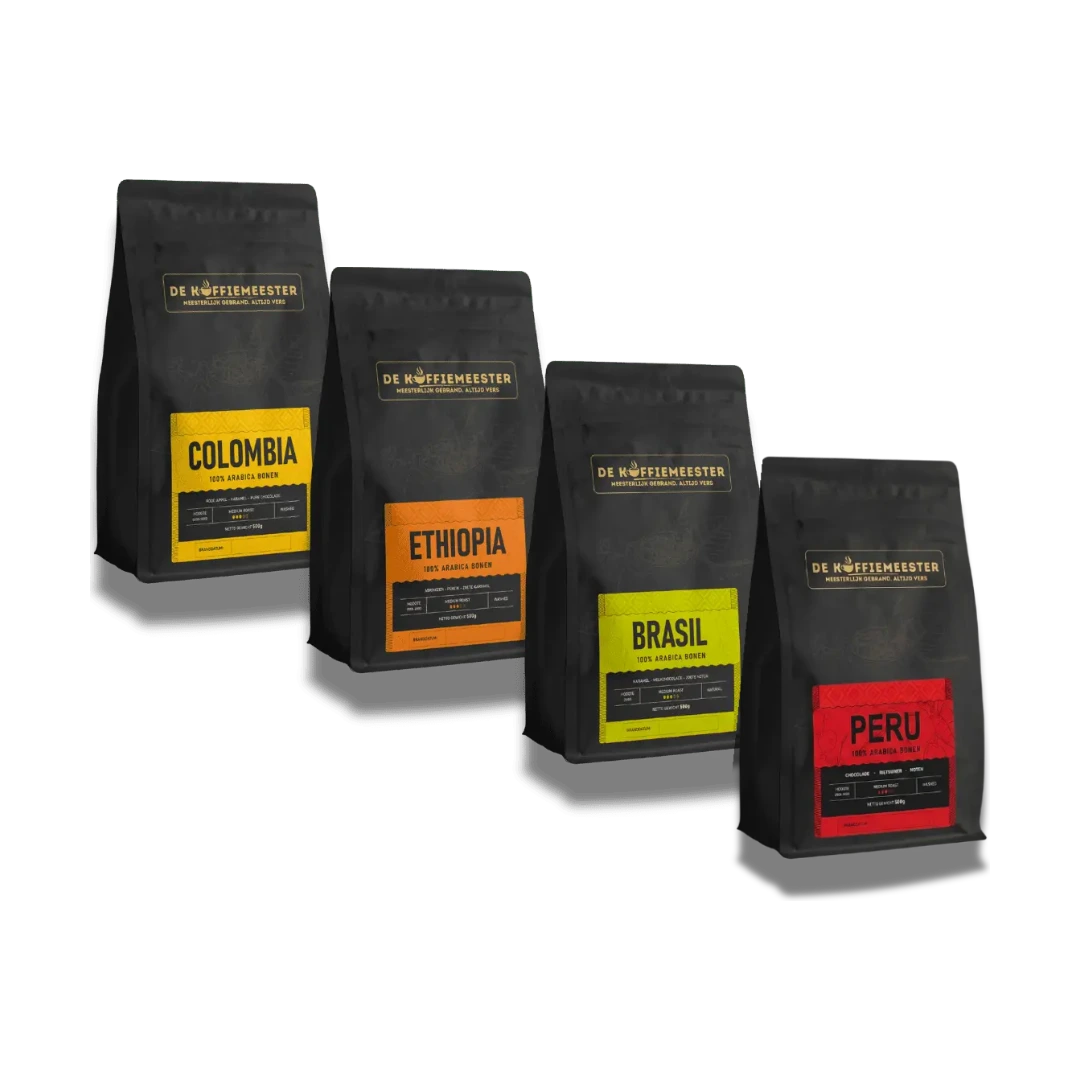 Proefpakket koffiebonen 4 x 1 kg Colombia Ethiopia Brasil Peru - De Koffiemeester